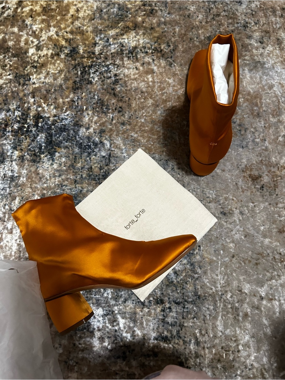 Forte Forte Satin Mid‑Heel Ankle Boot in Burnt Orange